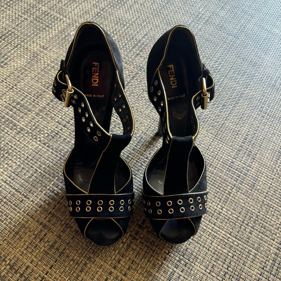 FENDI Black Suede Gold Trim Grommet Peep Toe Platform Heeled Sandals - Picture 2 of 9